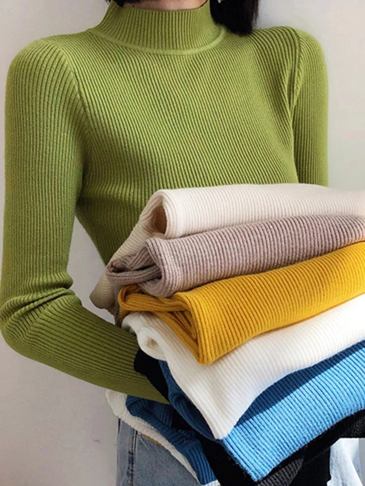 Autumn Winter Mock Neck Women Sweater Vintage Basic Solid Knitted Tops Casual Slim Pullover Korean Sweaters Simple Chic Jumpers - Smarsty