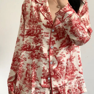 Fashion Print Flower 2PCS Pajamas Set Women Sleepwear Spring Summer Trouser Suits Lounge Wear Loose Satin Homewear Pijamas Suit - Smarsty