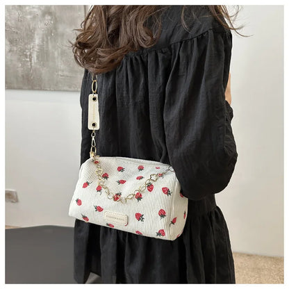 Corduroy Underarm Bag For Women Strawberry Print Mini Tote - Smarsty