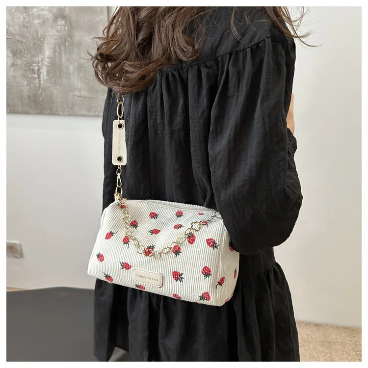 Corduroy Underarm Bag For Women Strawberry Print Mini Tote - Smarsty