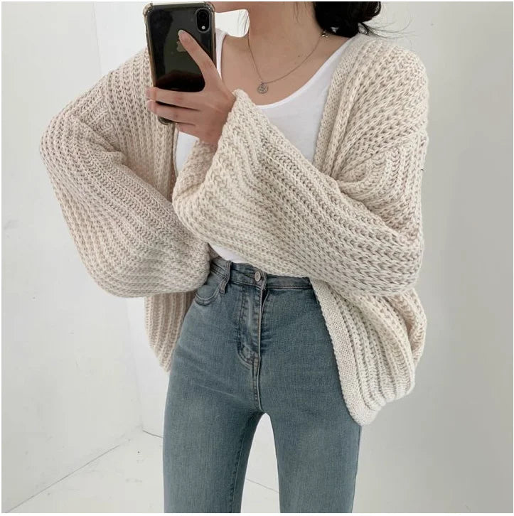 Vintage Harajuku Lantern Sleeve Women Cardigan Sweater Casual Korean Fall Streetwear Tops Coat Chic Lazy Wind Y2k Sweater - Smarsty