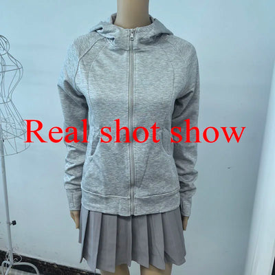 Gray Zipper Hooded Sweatshirt Women 2025 New Korean Slim Fit Cardigan Long Sleeve Coat Woman Solid Pockets Sports Hoodies Jacket - Smarsty