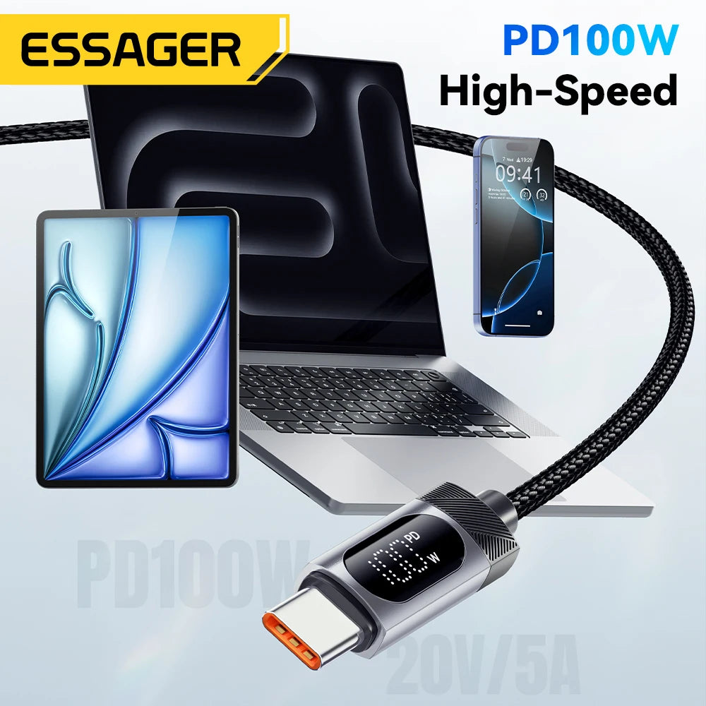 Essager Digital Dispaly USB C Cable For iPhone 17 16 15 Xiaomi Huawei 100W PD Fast Charging For Macbook iPad Type C to C Cable - Smarsty