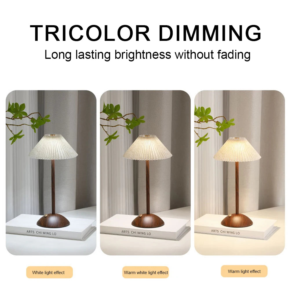 Minimalist Nightstand Light Fabric Shade Portable LED Desk Lamp Wood Base Dimmable Touch Lamp for Restaurant Bedroom Coffee Shop