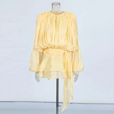 TWOTWINSTYLE Solid Spliced Lace Up Loose Dresses For Women O Neck Long Sleeve High Waist Temperament Dress Female Fashion New - Smarsty
