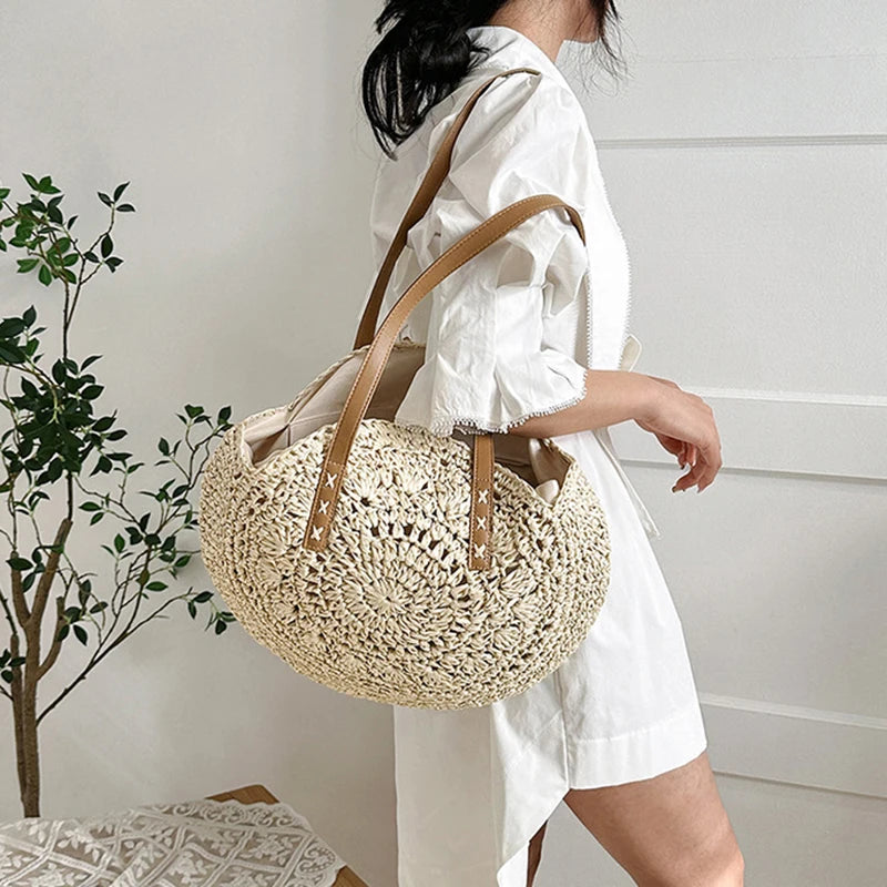 Round Straw Beach Tote for Women Large Capacity Bag - Smarsty
