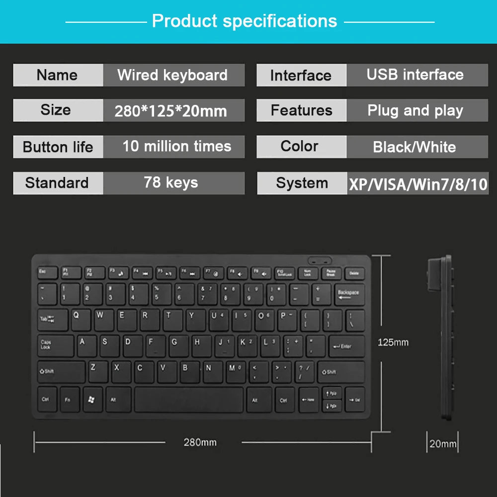Ultra Thin USB 2.0 Wired Keyboard Mini 78 Keys Multimedia