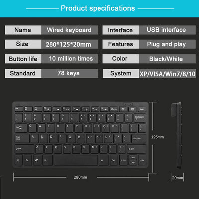 Ultra Thin USB 2.0 Wired Keyboard Mini 78 Keys Multimedia - Smarsty