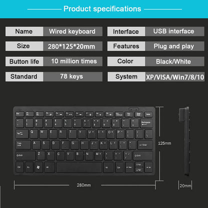 Ultra Thin USB 2.0 Wired Keyboard Mini 78 Keys Multimedia