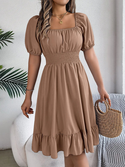 Women's MIidi Dresses 2024 Summer Casual Square Neck Short Sleeved Waist Ruffle Edge Dress Dress Women Elegant Платья Женские - Smarsty