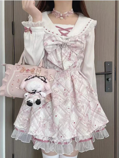 Japanese Sweet Cute Slim Dress Women Kawaii Chic Print Bow Thin Long Sleeve Dresses Female Design Pretty Lovely New Clothing - Smarsty
