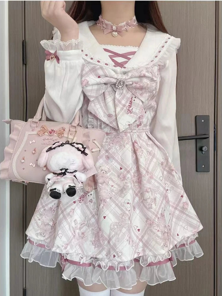 Japanese Sweet Cute Slim Dress Women Kawaii Chic Print Bow Thin Long Sleeve Dresses Female Design Pretty Lovely New Clothing - Smarsty