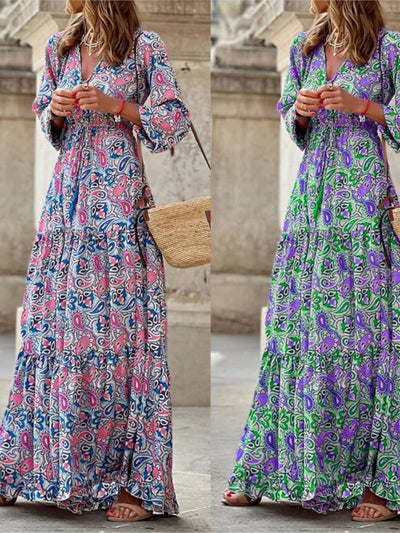 Women's Autumn New Fashionable Printed Sexy V-neck Long Sleeve High Waist Elastic Waist Medium Length Bohemian Dress - Smarsty