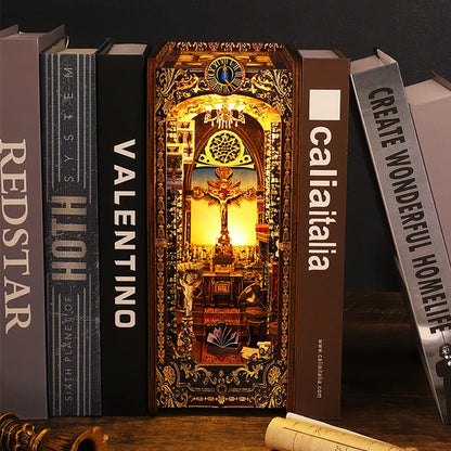 DIY Book Nook Shelf Insert Kit 3D Wooden Puzzle Doll House Assembly Building Model Bookends With Furniture LED Light Xmas Gifts by Smarsty