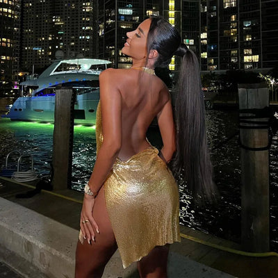 Sexy and Fashionable Women's Elegant Short Dress with Hanging Neck Backless Bottom Chest Sequin Party Girl Dance Dress - Smarsty