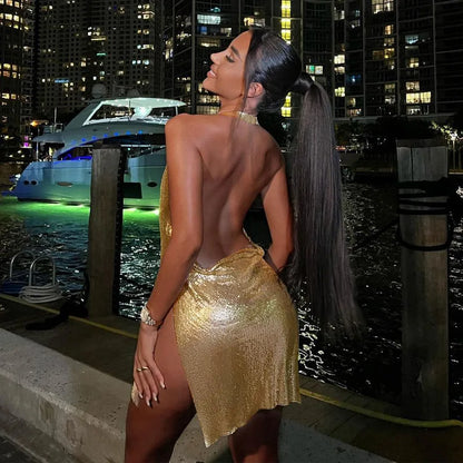 Sexy and Fashionable Women's Elegant Short Dress with Hanging Neck Backless Bottom Chest Sequin Party Girl Dance Dress - Smarsty