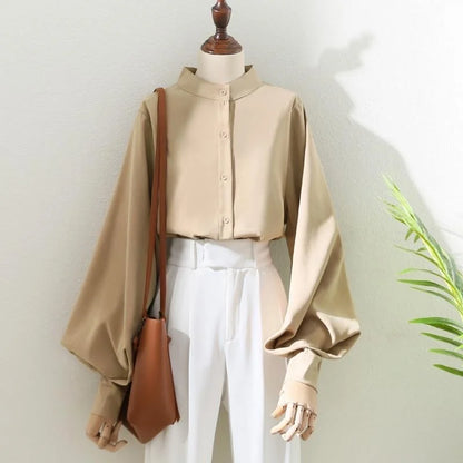 Woman Spring Autumn Style Blouses Shirt Lady Long Lantern Sleeve Stand Collar Loose Blusas Tops DF4847 - Smarsty