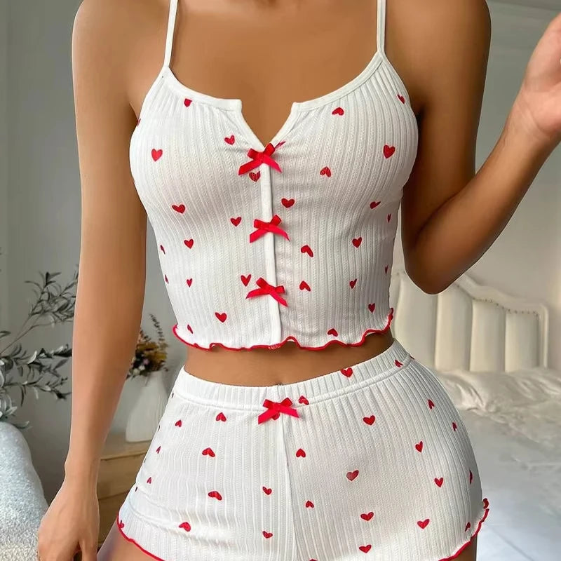 Sexy Sleepwear Women Pajamas Set Heart Print Silk Stain V-Neck Sleeveless Casual Cami Top and Shorts Sets Home Suit Loungewear - Smarsty