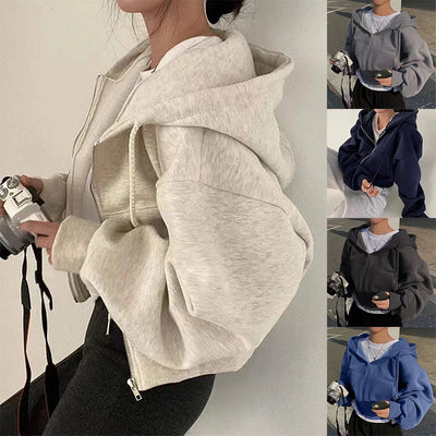 2024 Spring Autumn New Insfleece-lined Versatile Cropped Slims Smooths Silhouette Zip-up Warm Navy Blue Hooded Sweatshirt Women - Smarsty
