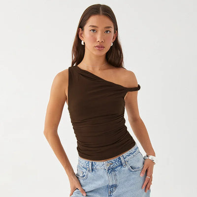 Simple Basic Casual Summer Tank Top Sleeveless Solid Color Off Shoulder Side Ruched Crop Tops Vestidos Spring Women T S - Smarsty