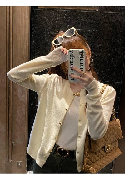 Solid Color Knitted for Women Cardigan Korean Single Breasted Long Sleeve Jumper Woman Round Neck All Match Cardigans Outwear - Smarsty