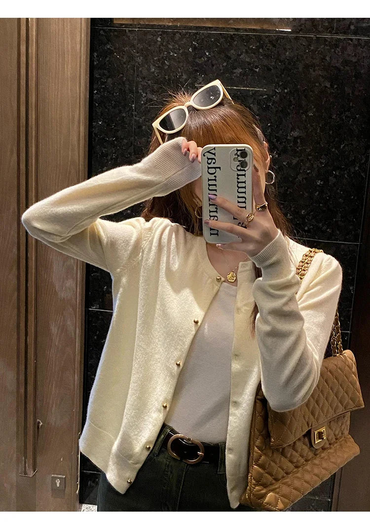 Solid Color Knitted for Women Cardigan Korean Single Breasted Long Sleeve Jumper Woman Round Neck All Match Cardigans Outwear