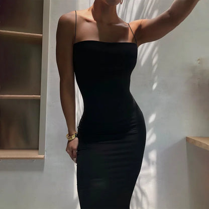 Summer Black Sexy Dress Women Streetwear Sleeveless Backless Solid Spaghetti Strap Bodycon Casual Clubwear Elegant Party Dresses - Smarsty
