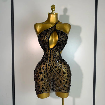 Sexy Sparkly Diamond Backless Short Dress 2025 Women Sleeveless Mesh See Through Evening Birthday Gown Singer Stage Outfit - Smarsty