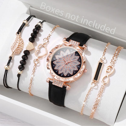 Fashion Heart Dial Women's Watch Set with Leather Band - Smarsty