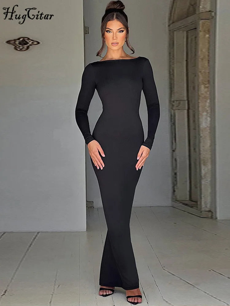 Hugcitar Spring Elegant Long Sleeve Backless Solid Cuched Sexy Bodycon Maxi Prom Dress Women Outfit Evening Party Festival Y2K - Smarsty