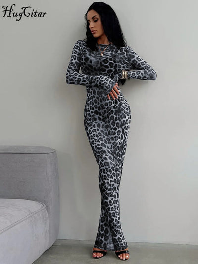 Hugcitar Leopard Print Mesh Long Sleeve Sexy Slim  See Through Maxi Dress Fall Women Fashion Outfits Beach Vacation Club - Smarsty
