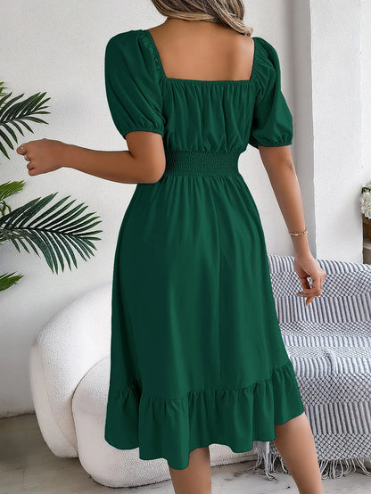 Women's MIidi Dresses 2024 Summer Casual Square Neck Short Sleeved Waist Ruffle Edge Dress Dress Women Elegant Платья Женские - Smarsty