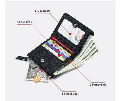 Genuine Leather Men Women Cute Short Wallet Luxury Solid Zipper Coin Purse rfid Bank Credit Card Holder Slim Small Money Bag - Smarsty