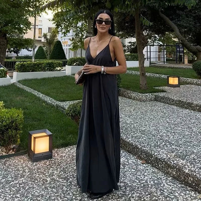 MUJER Black Slip Long Dresses for Women Red Draped Summer Dress Woman 2025 Sexy Backless Maxi Dress Women Summer Beach Dresses - Smarsty