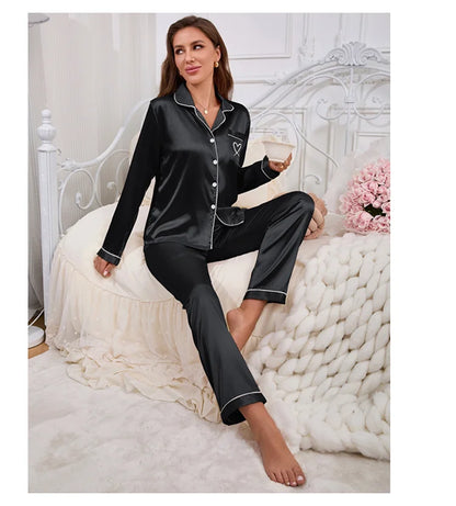 Autumn Satin Pajama for Women Heart-shaped Embroidery Sleepwear & Loungewear Long Sleeve Top & Pants Home Clothes Pyjama 2 Piece - Smarsty
