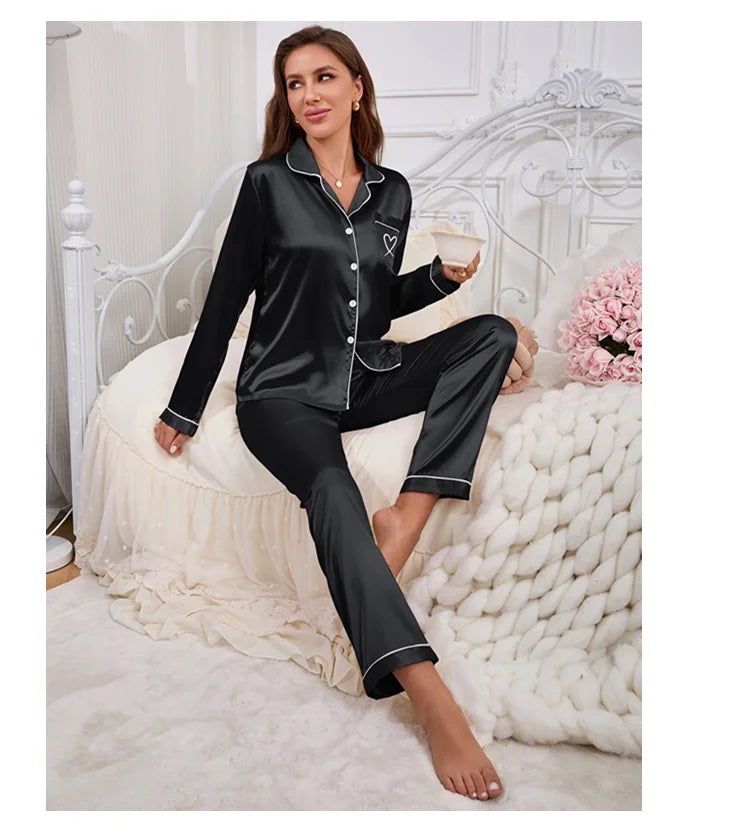 Autumn Satin Pajama for Women Heart-shaped Embroidery Sleepwear & Loungewear Long Sleeve Top & Pants Home Clothes Pyjama 2 Piece - Smarsty