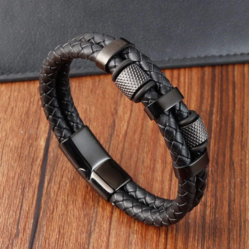 Men's Leather Charm Bracelet Stainless Steel Magnetic Clasp - Smarsty