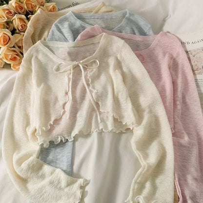 Women Frenum Cardigan Blouses and Tops Bow Lace Up Long Sleeve Crop Top Female Elegant Shirt Thin Aesthetic Clothes Korean Style - Smarsty