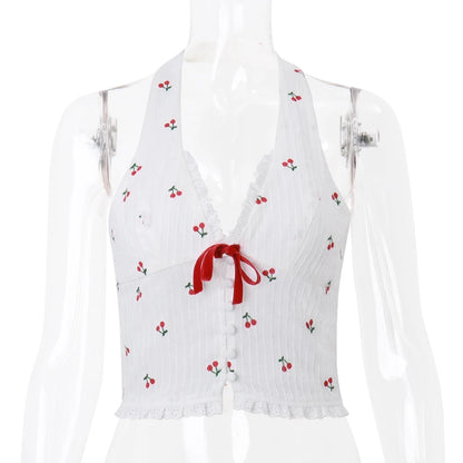WhereMery Korean Fashion Print Halter Camis Tank Tops Summer Knitted Slim Fit Tank Top High Street Commuter Casual Women's Wear