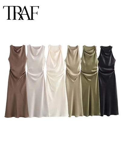 TRAF Satin Long Dresses for Women 2024 Summer Slip Midi Dress Woman Sexy Evening Party Dress Sleeveless Female Elegant Dresses - Smarsty