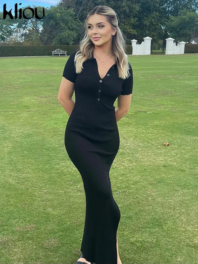 Kliou Elegant Office Lady Maxi Dress Women Solid Fashion Turn-down Collar Short Sleeve Button Side Slit Body-Shaping Street Robe - Smarsty