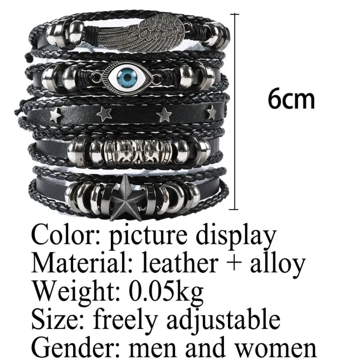 5pcs Evil Eye Wing Star Diy Braided Punk Style Bracelet Set, Featuring Pu Leather And Beads - Smarsty