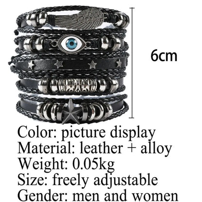 5pcs Evil Eye Wing Star Diy Braided Punk Style Bracelet Set, Featuring Pu Leather And Beads - Smarsty