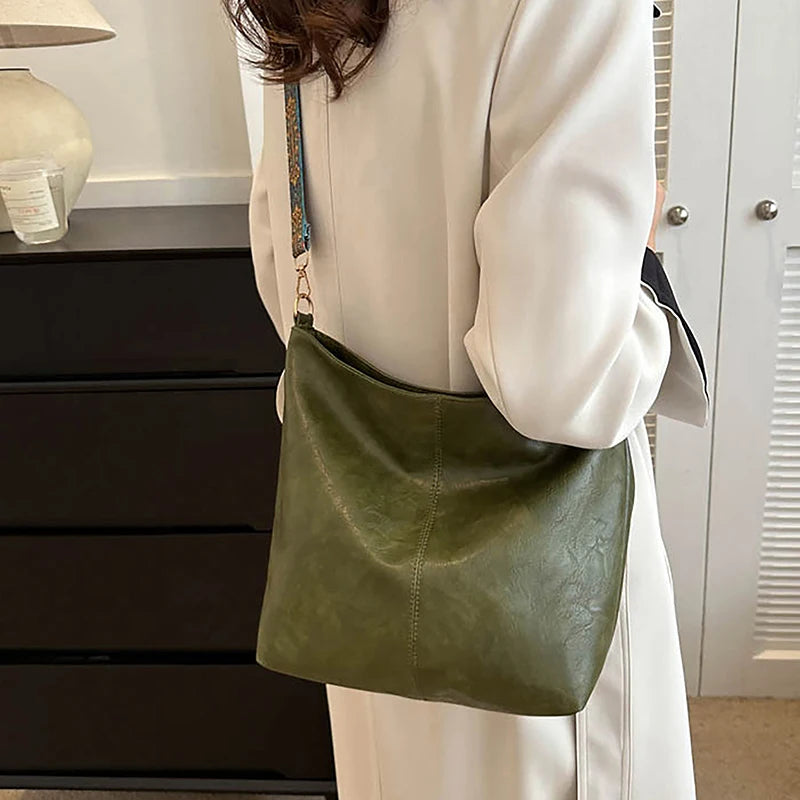 Wide Geometric Strap Shoulder Bag Large Capacity Crossbody Bags For Women,Retro Pu Leather Women's Bag For Shopping Travel - Smarsty