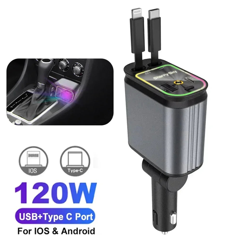 5-in-1 180W Car Fast Charger USB Type-C Power Adapter Retractable Phone Charger With Roof Starlight For IOS Android Phones - Smarsty