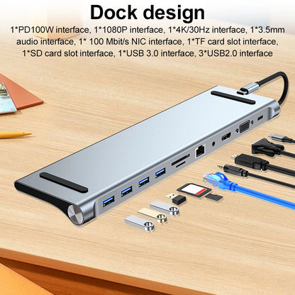 11 in 1 USB C Docking Station with 4K HDMI-Compatible VGA Ethernet USB C Dock 100W PD SD/TF Audio Type C Hub 1* USB 3.0 3*USB2.0