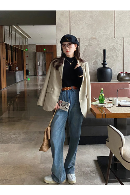 Autumn Winter Mock Neck Women Sweater Vintage Basic Solid Knitted Korean Tops Casual Slim Pullover Sweaters Simple Chic Jumpers - Smarsty