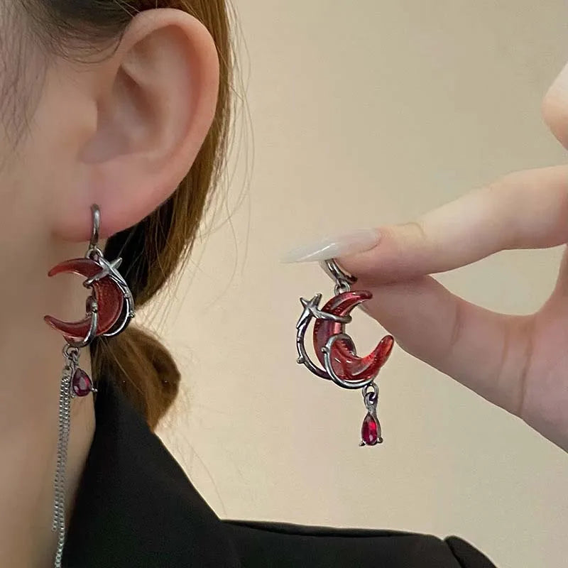 Asymmetrical Red Moon Rose Drop Earrings for Women Stylish Jewelry - Smarsty