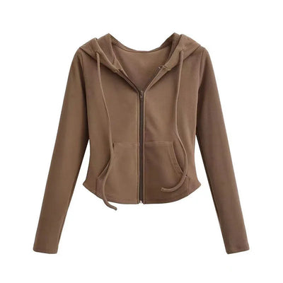 Lucyever Cropped Hooded Zip-Up Jacket Women Autumn New Slim Long Sleeve Y2K Sweatshirts Female Solid Streetwear Sports Hoodies - Smarsty