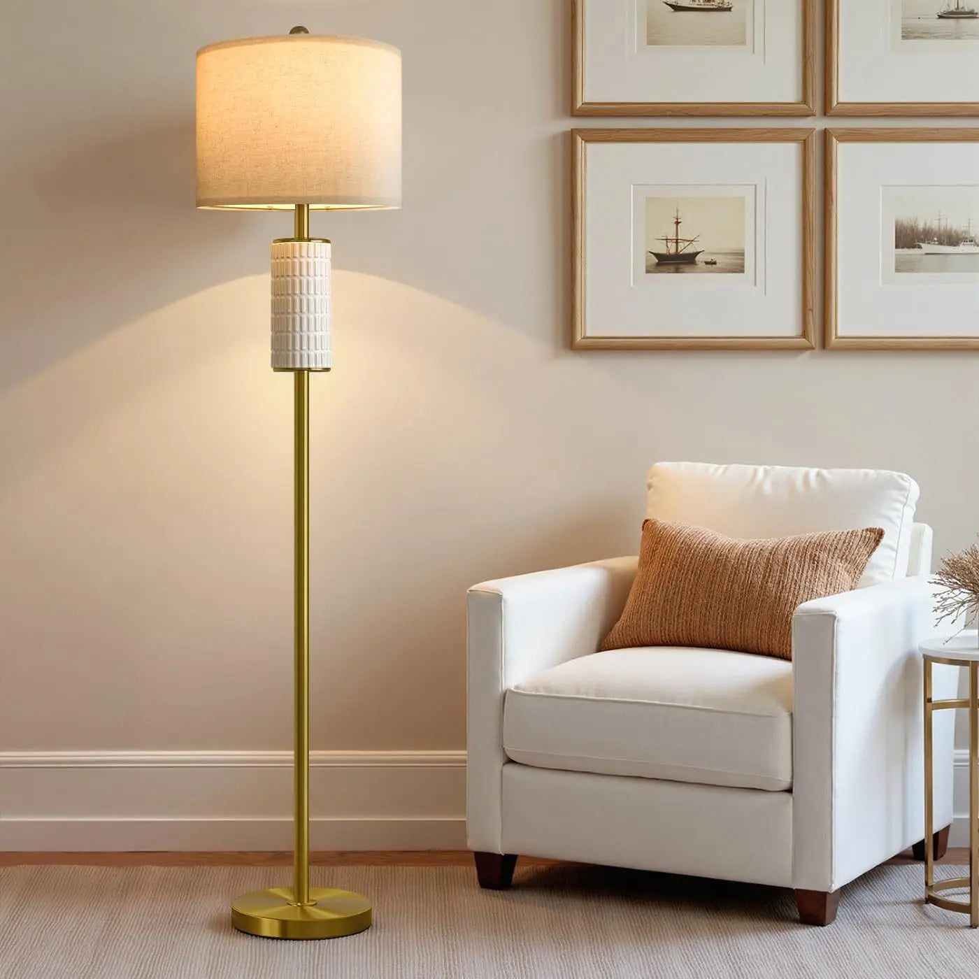 64" Modern Gold Ceramic Floor Lamp with Rotary Switch for Living Room Bedroom Reading Corner Home Office Nursery